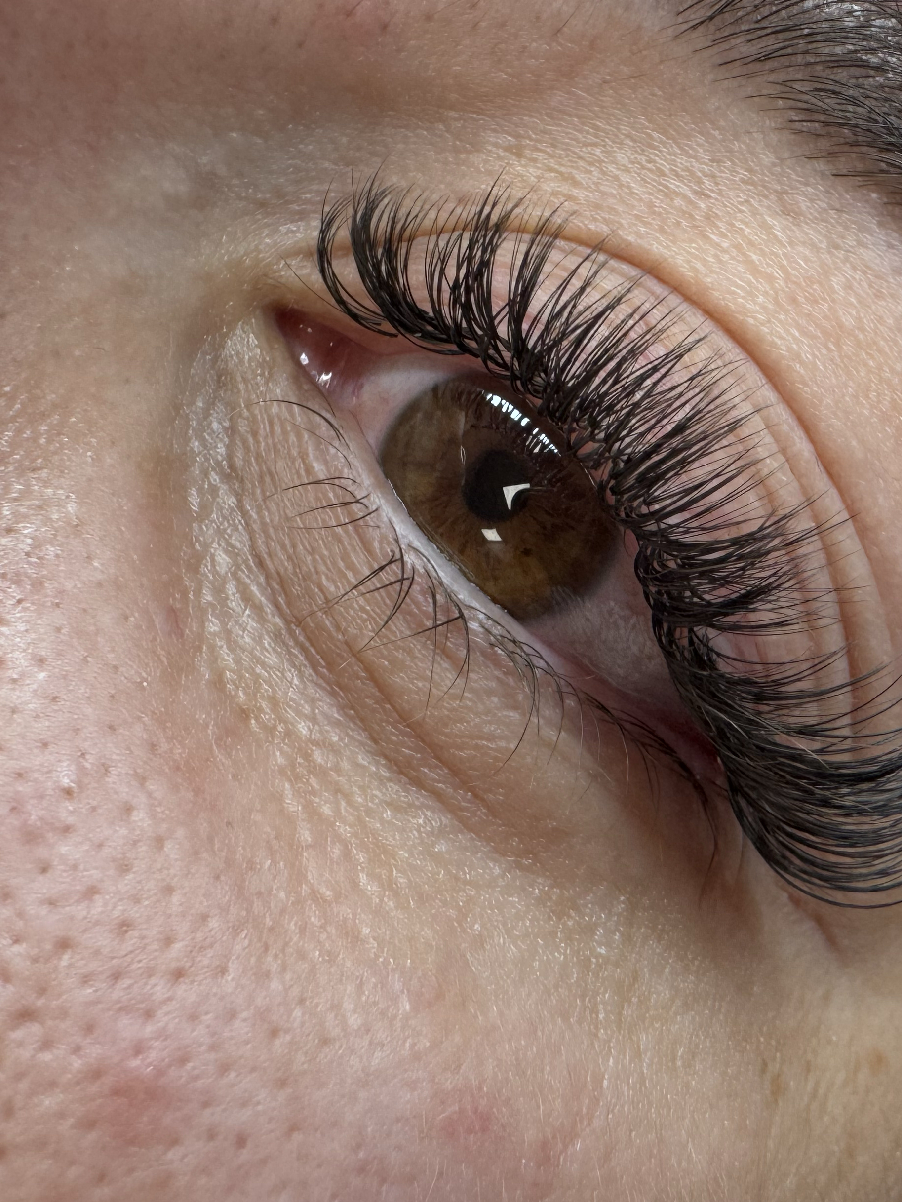 Close-up of a full, fluffy lash extension set